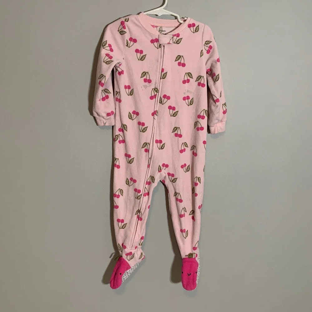 5/$25 Carters Pink Cherry Print Fleece Footed Pajamas Sleepwear‎ 2T Toddler